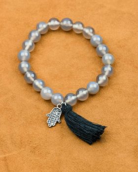 Pulseira cristais cinzas com símbolo Hamsá